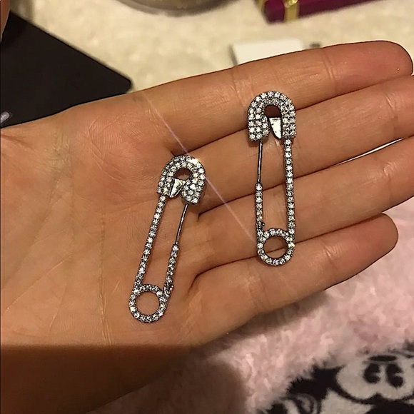 Rhinestone Silver Safety Pin Earrings - Picture 5 of 7